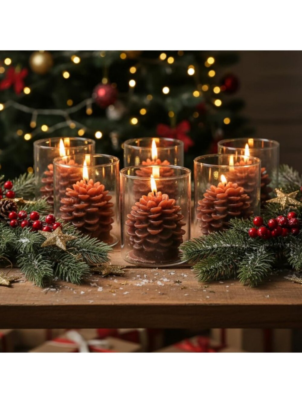 Set of 6 Pine Cone Candles - Rustic Acorn Decor in Glass Containers